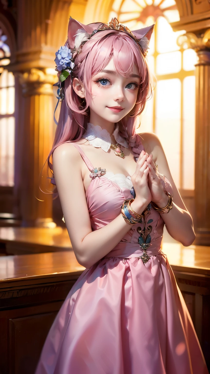 ((Highest quality)), ((masterpiece)), (detailed), High Resolution,One girl, Pink Hair, Perfect Eyes, Goddess of Athena, I'm praying, Hands together, (Be confident:1.2),, Facing forward, Hydrangea on background, smile, Pink Dress, Cat ear,