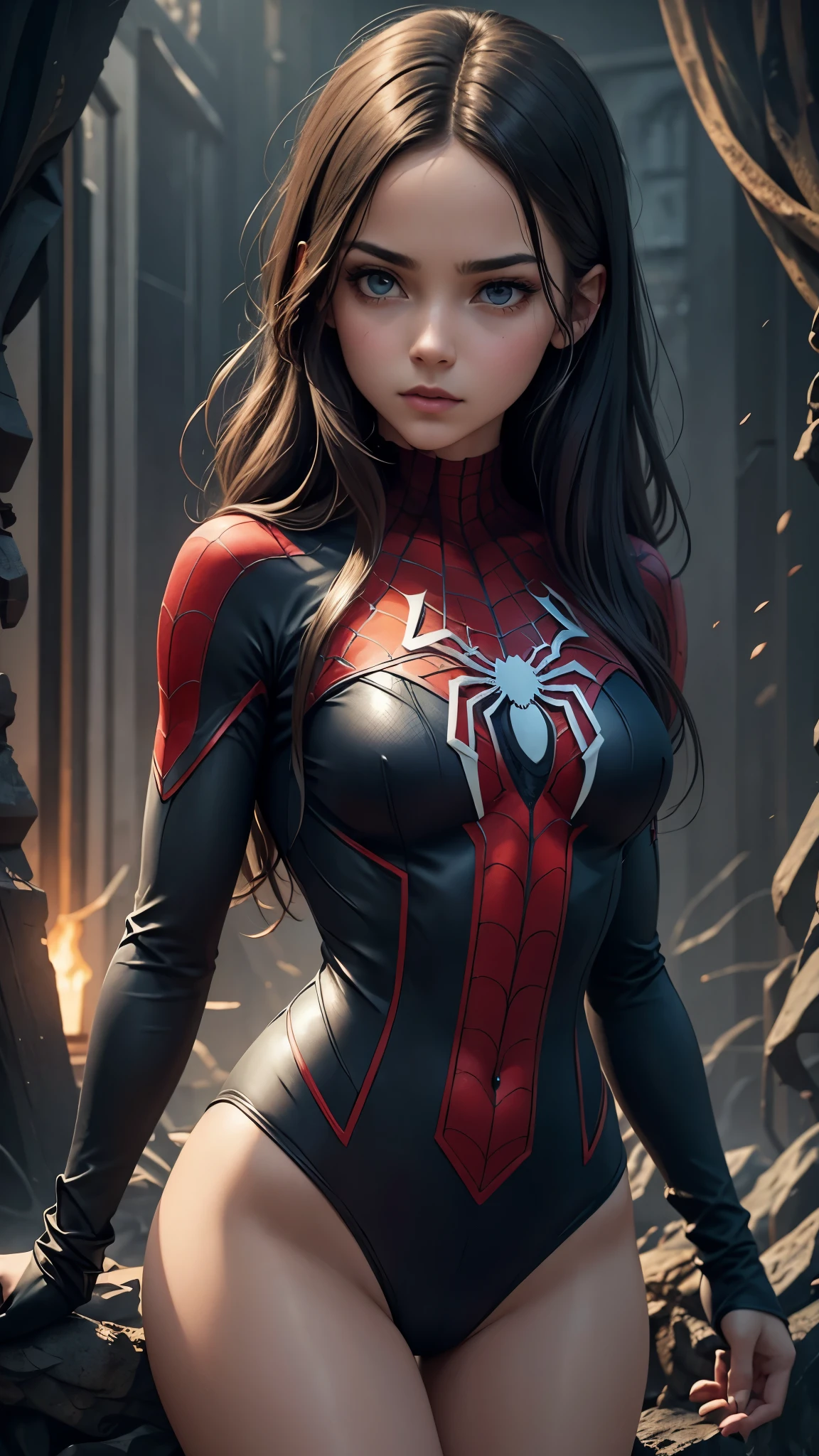 A girl wearing a Spider-Man costume, surrounded by ghostly spider webs, in a dark and eerie atmosphere, detailed and realistic, cinematic lighting, dramatic colors, muted tones, moody atmosphere