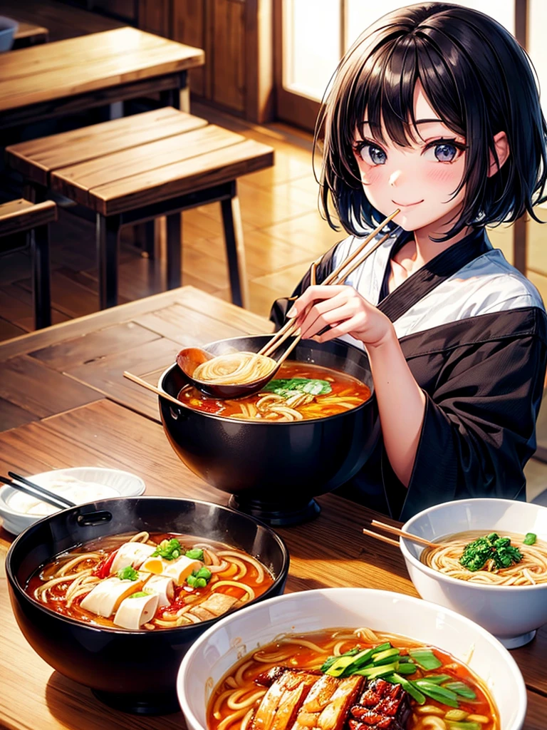 Highest Resolution,Highest quality,Smiling girl holding chopsticks while looking at ramen,Open your mouth and drool,Black short hair,up,