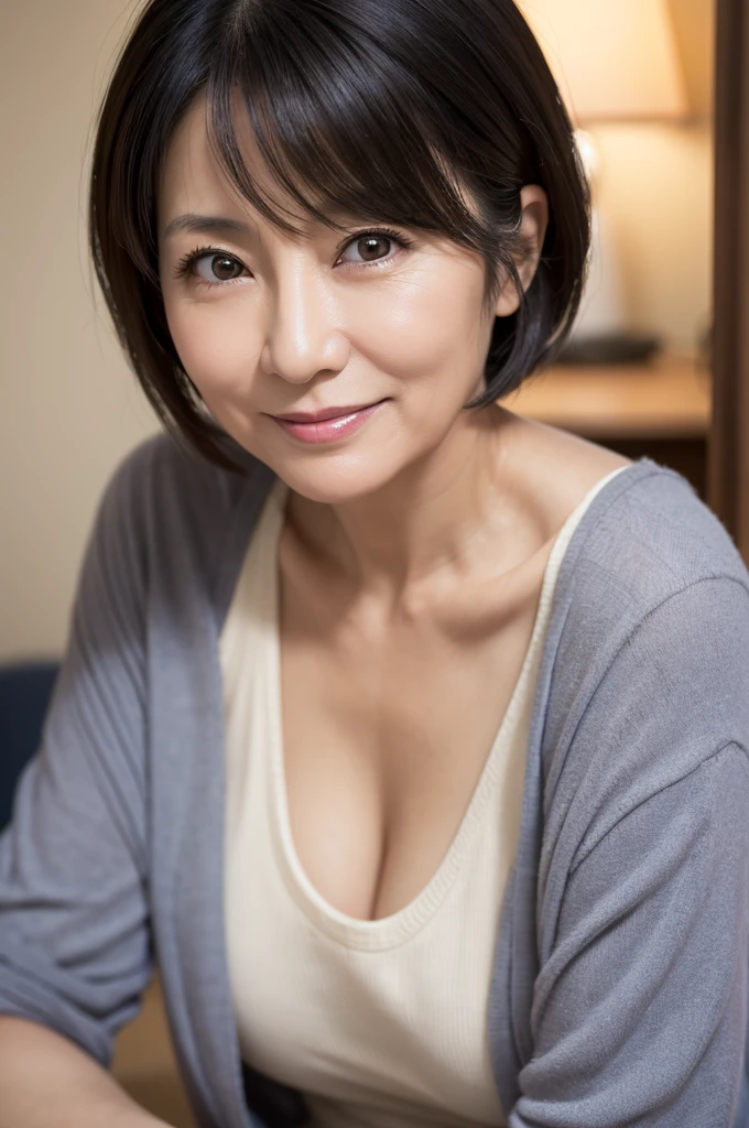Portraiture, 8K, high quality, Realistic Photographic Images, 50 years old, Japanese women, Neat and clean wife, Small breasts, small, housewife, Natural and realistic eyes, Japan Person Stand, small, beautiful Black Hair, short hair, light makeup, Octane Rendering, Beautiful lighting, Golden ratio composition, smile, Casual wear, Casual clothing, Natural background, Blurred Background, 8K, high quality, Realistic Photographic Images, Japanese women, 50 years old, Pure Japanese face, Beautiful wife, small breasts, light makeup, No makeup, Pure beauty, Mature Woman, gray, beige, Thin blue, Sober, Casual clothing, smile, Black Hair, small black eyes, Background Blur
