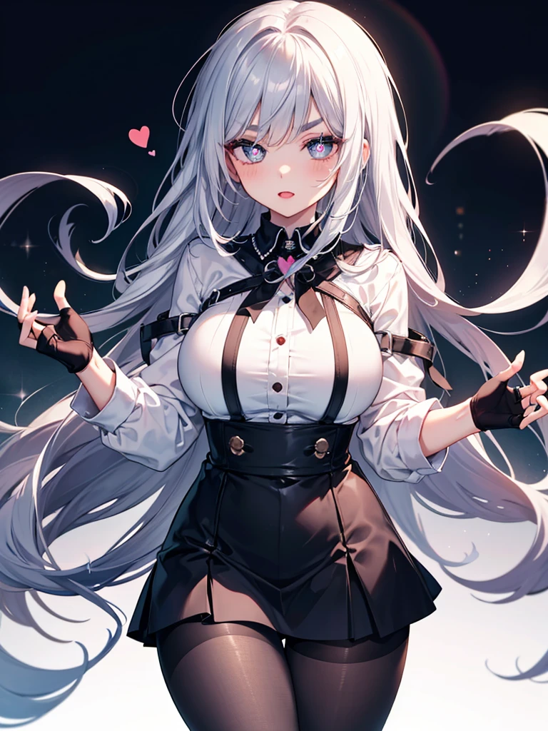 mature_female,silver hair,lipstick,eyeshadow,long_eyelashes,thick eyebrows,ahegao,jitome,heart-shaped_pupils,black_pantyhose,fingerless_gloves,,long hair,shirt,Short skirt