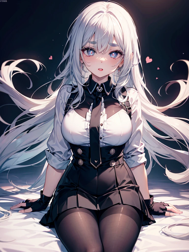 mature_female,silver hair,lipstick,eyeshadow,long_eyelashes,thick eyebrows,ahegao,jitome,heart-shaped_pupils,black_pantyhose,fingerless_gloves,,long hair,shirt,Short skirt