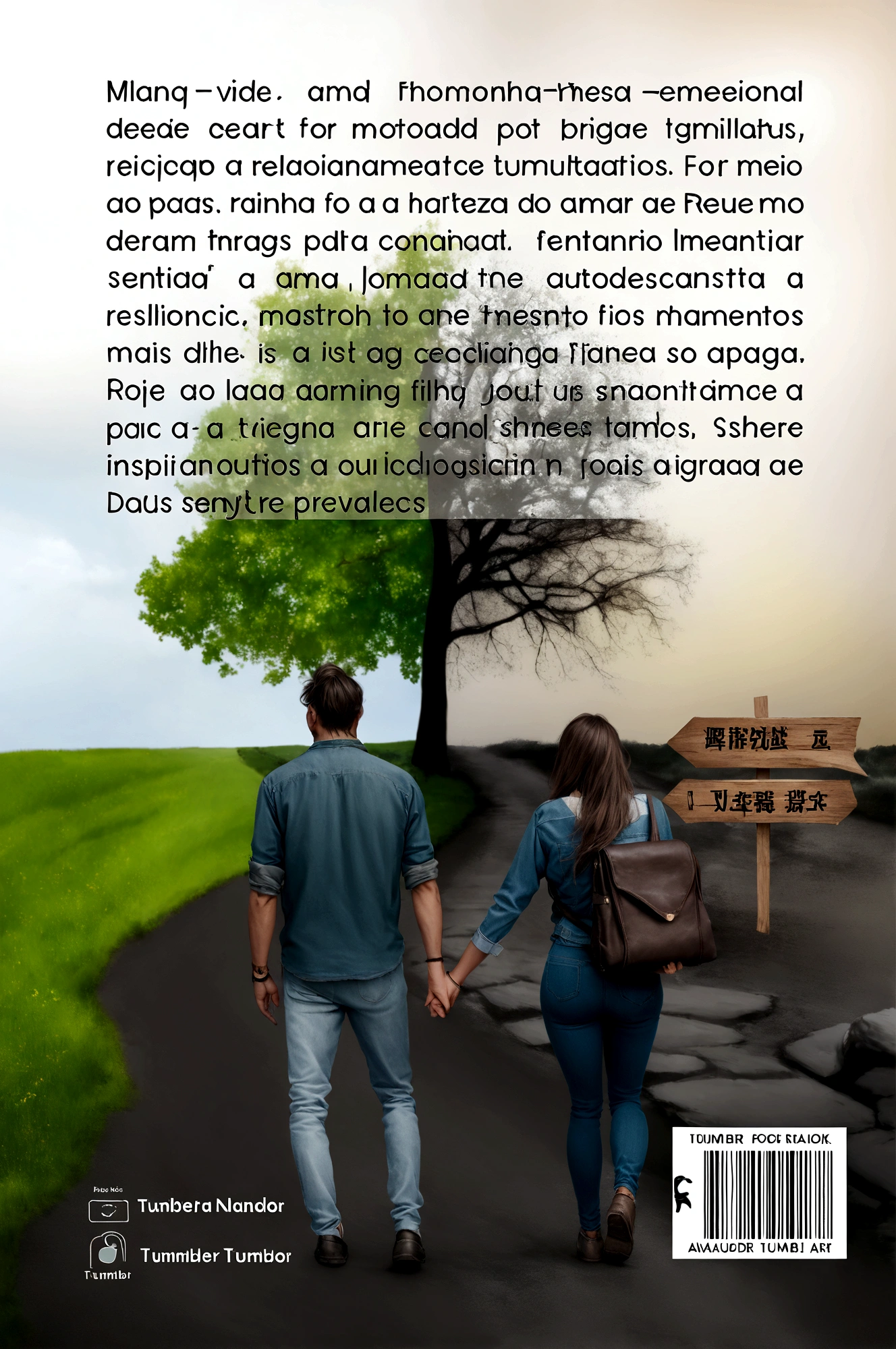 there is a skinny dark-skinned man of average size and a skinny woman with ASS walking down a road hand in hand, make the fingers with details the poster by Nándor Katona, tumblr, Realism, Book cover!!!!!!!!!!! !! , art concept for book cover, cover illustration, poster, romance cover, emotional image, cover art, walking together, romance cover art for a book, realistic photo, photo manipulation, romance book cover