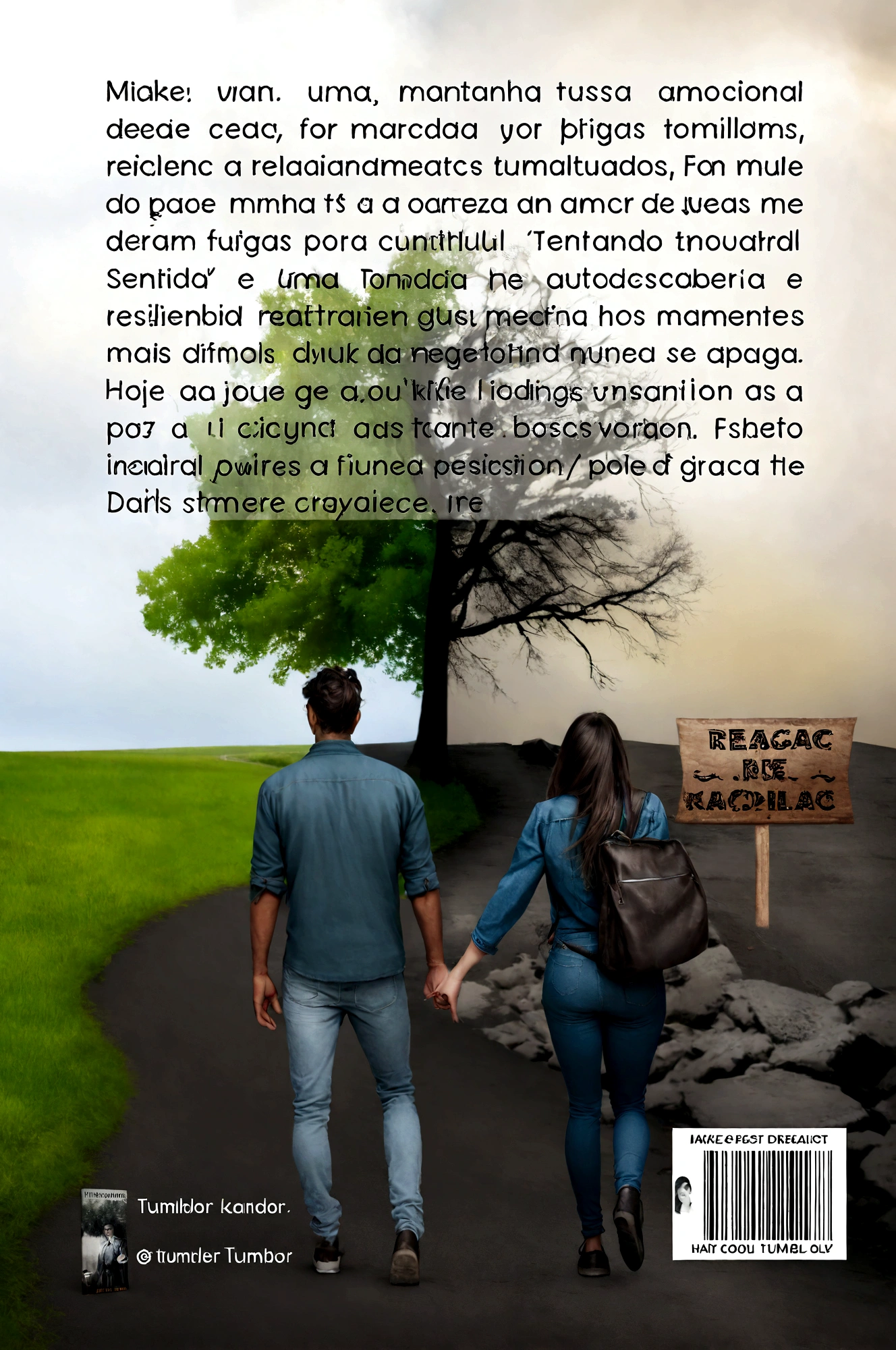 there is a skinny dark-skinned man of average size and a skinny woman with walking down a road hand in hand, make the fingers with details the poster by Nándor Katona, tumblr, Realism, Book cover!!!!!!!!!!! !! , art concept for book cover, cover illustration, poster, romance cover, emotional image, cover art, walking together, romance cover art for a book, realistic photo, photo manipulation, romance book cover