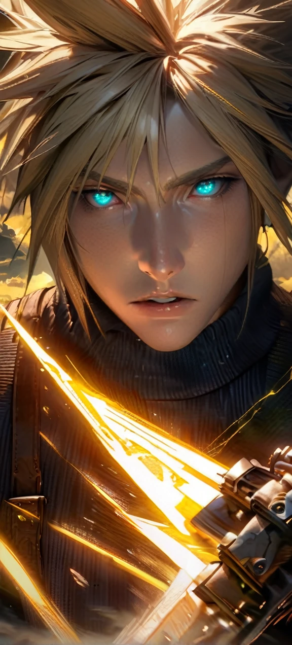 Symetrical,absurdres, highres, ultra detailed, HDR, masterpiece, extremely detailed face and eyes, Cloud Strife,final fantasy 7, yellow hair , , solo, man, handsome, ,, , Epic fight scene, yellow lightning effect, glowing glitters, symetrical , close up