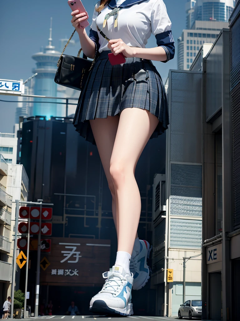 There is a girl wearing a skirt and sailor uniform standing on a miniature city model, A super huge schoolgirl, A girl taller than the city，a digital rendering,  photorealistic anime girl rendering, Highly realistic photos, Teenage girl wearing sneakers，A teenage girl holding her urine