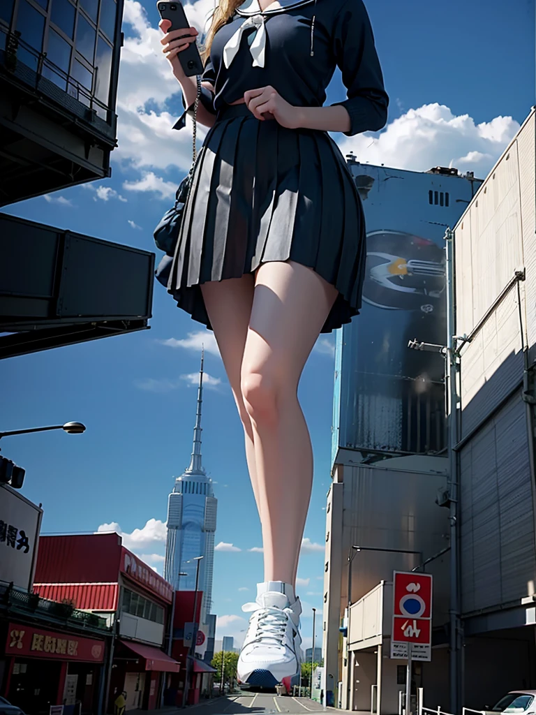 There is a girl wearing a skirt and sailor uniform standing on a miniature city model, A super huge schoolgirl, A girl taller than the city，a digital rendering,  photorealistic anime girl rendering, Highly realistic photos, Teenage girl wearing sneakers，A teenage girl holding her urine