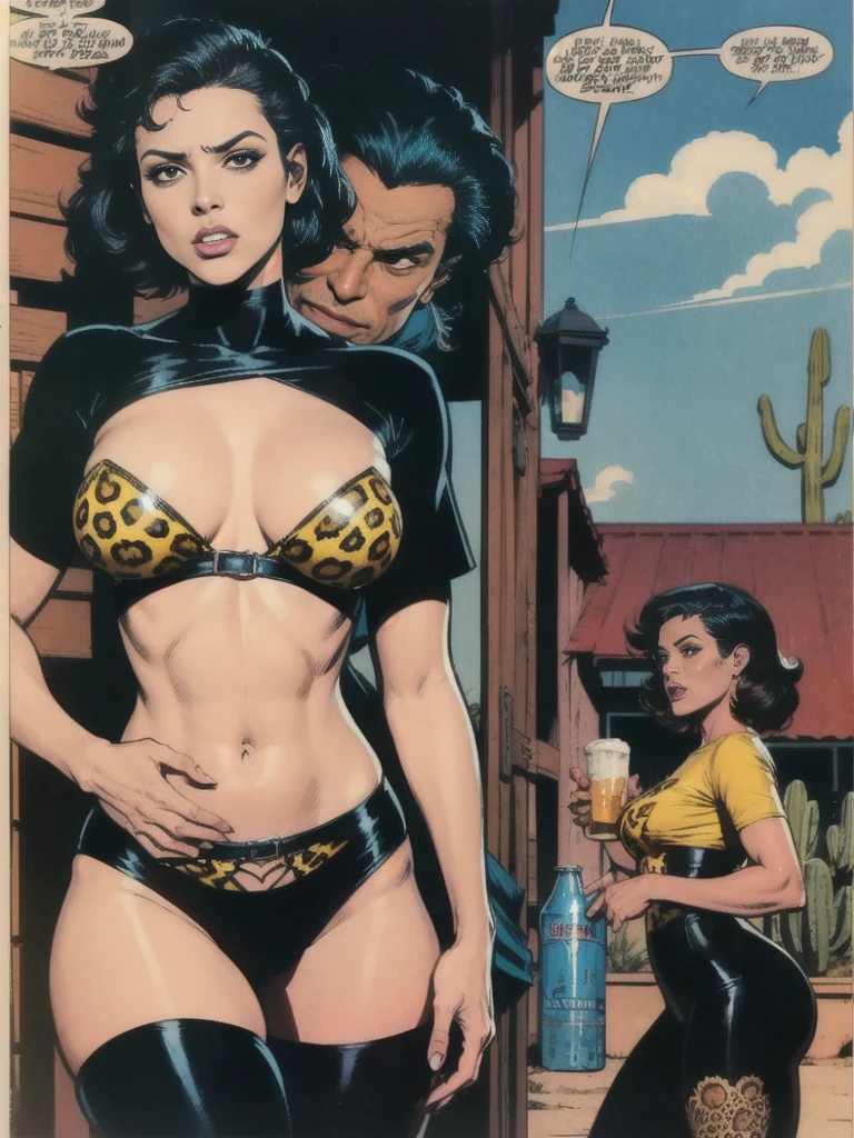 Sexy Mexican girl, naughty ager, hot puta, wearing leopard print tights, sheer black t-shirt, outside, tattoos, pet snake, in front of cantina, Mexican border town, tacos, Tecate Beer, beans, rice, avocados, sour cream dripping all over her fingers, cactus, scorpion, Spanish guitars, big blue sky, very erotic, by Frazetta, by Brian Bolland, by Oscar Bazaldúa, by Rafael Gallur, by Elmer Batters, by Eric Kroll, lurid vivid colors, soft cinematic lighting, retro, vintage, HD, 8x, intricate details, HIGH CONTRAST, fun and fiesta like, Mexican fumetti, comic book aesthetic