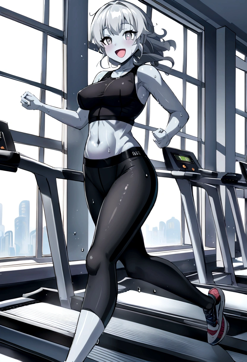 Masterpiece, 1girl, walking, tall, slender, muscular, black hair, long hair, straight hair, symmetrical bangs, red eyes, black sports bra, black yoga pants, barefoot