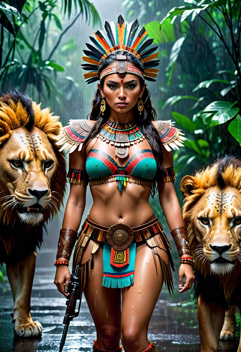 In the middle of the humid jungle on a rainy night there is a beautiful Aztec woman with a perfect body wearing a typical costume of her culture., She is posing facing the viewer holding a weapon ready for a confrontation, At her side she is accompanied by a lion that looks very intimidating.. The photograph won big awards and was taken with one of the best cameras., It has cinematic lighting, well defined details, The best quality, 16k, photorrealista , 