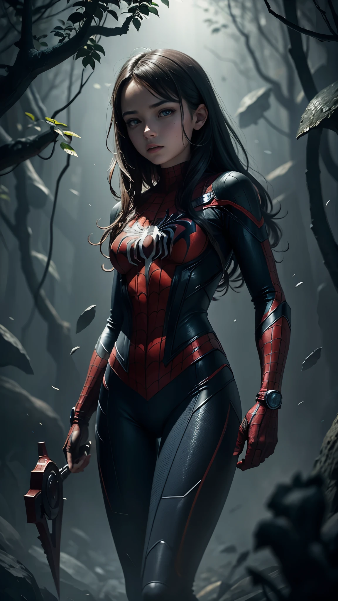 A girl wearing a Spider-Man costume, surrounded by ghostly spider webs, in a dark and eerie atmosphere, detailed and realistic, cinematic lighting, dramatic colors, muted tones, moody atmosphere