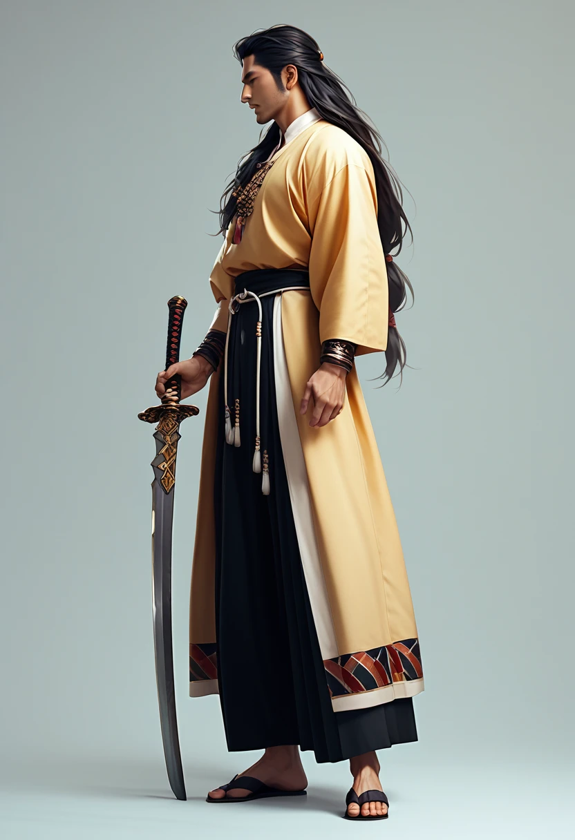 Ancient costume long hair man,Armed with a sword,antiquity,Profile,full-body shot