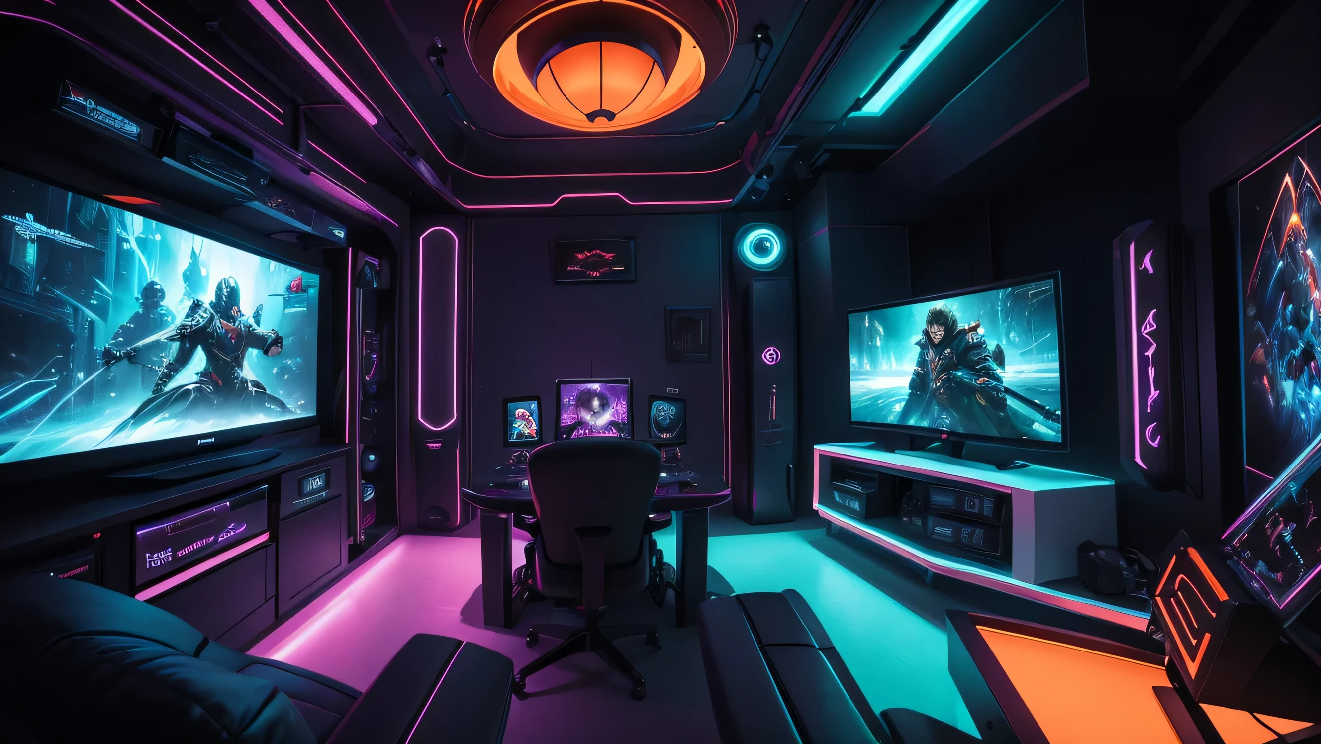 (best quality,4k,8k,highres,masterpiece:1.2),ultra-detailed,(realistic,photorealistic,photo-realistic:1.37),inside view of gaming room at evening,(colorful,nicely-toned:turquoise,blue,purple,orange,red) night, [Silhouette] of a person sitting at a futuristic gaming setup, illuminated by the vibrant glow of RGB LED lights. [Multiple monitors] displaying intense action scenes from virtual worlds. [Sleek, modern design:1.1] of the gaming console, with a polished finish and metallic accents. The room is filled with [a sense of excitement], as the person's eyes are [bright and focused:1.1] on the screen, reflecting the captivating gameplay. The atmosphere exudes [energy and intensity], enhanced by the [subtle smoke effects:0.9] floating in the air. In the background, [stylish posters and artworks] adorn the walls, showcasing iconic gaming characters and immersive landscapes. The room is bathed in [dynamic, vibrant lighting:1.1], casting [striking shadows and highlights] on the gamer's face and surroundings. The color scheme transitions from deep blues and purples to fiery oranges and reds, creating a [dreamlike ambiance]. The scene captures the thrill and immersion of the gaming experience, inviting the viewer to join this captivating virtual realm.