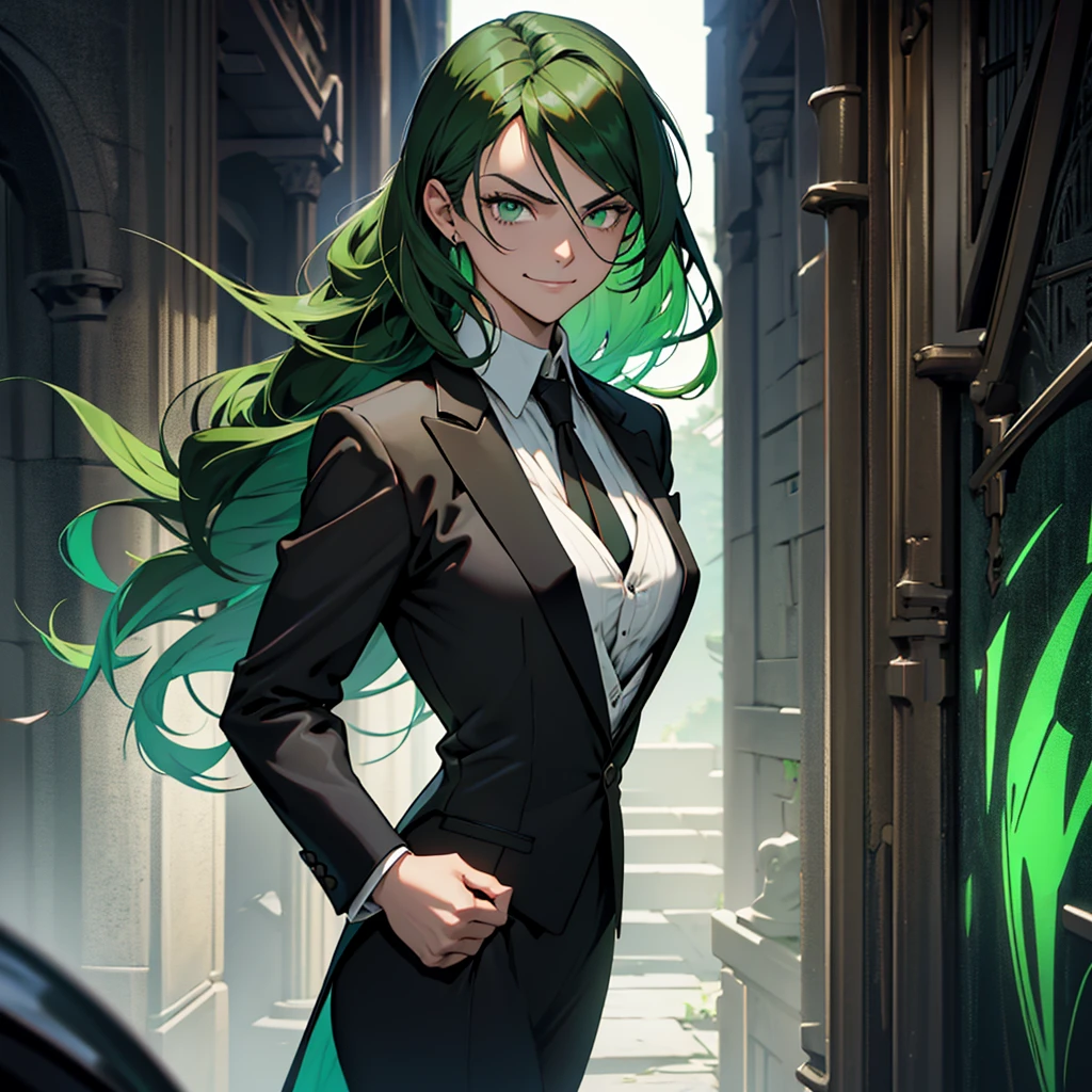 A 30 year old woman, woman, female, just one person, just one person, dark green hair, long hair, dark green eyes, serious face, malicious smile, big chest, medieval period, wearing a suit, black suit, tuxedo, wearing a black tuxedo, medieval background, Ultra HD 4k, 4k, Ultra HD