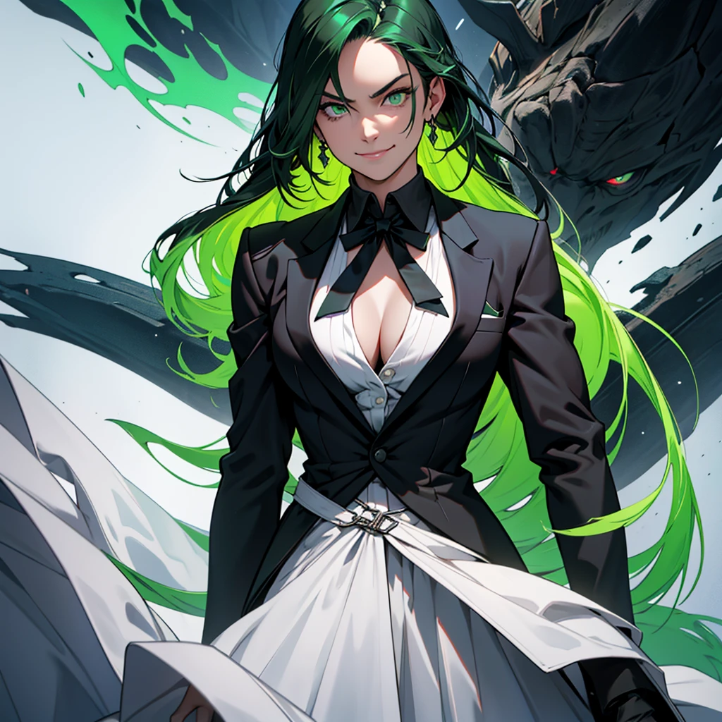 A 30 year old woman, woman, female, just one person, just one person, dark green hair, long hair, dark green eyes, serious face, malicious smile, big chest, medieval period, wearing a suit, black suit, tuxedo, wearing a black tuxedo, medieval background, Ultra HD 4k, 4k, Ultra HD