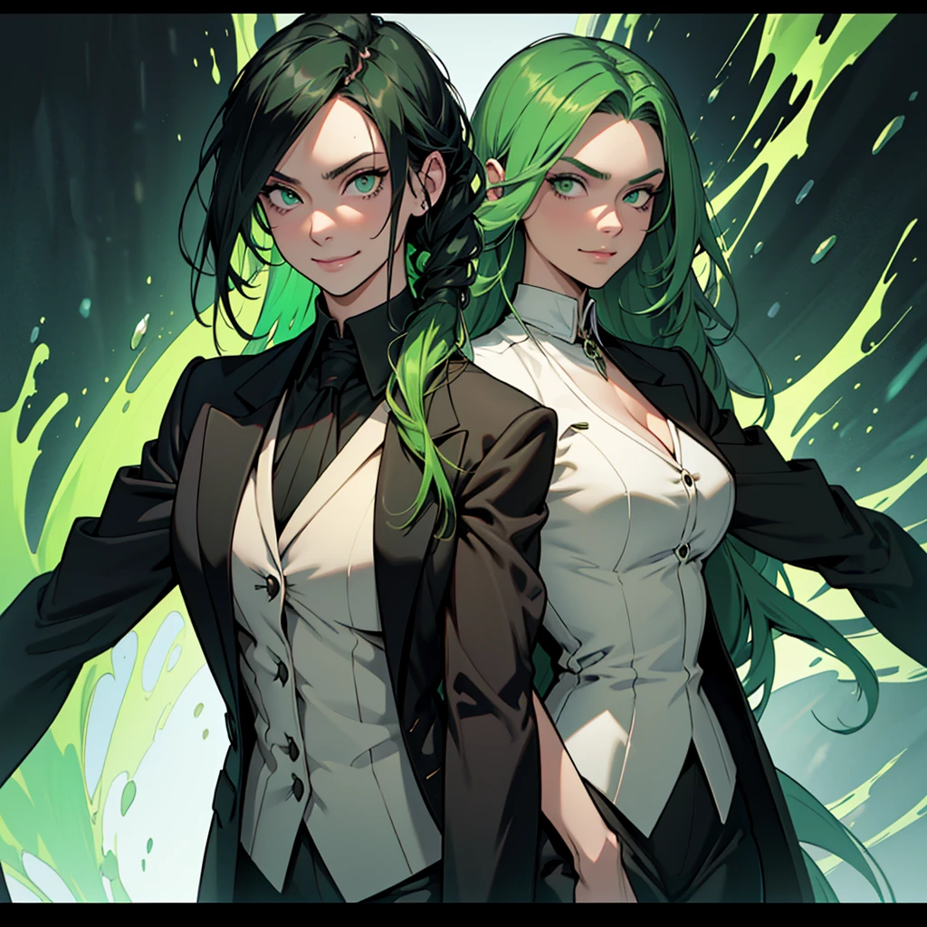 A 30 year old woman, woman, female, just one person, just one person, dark green hair, long hair, dark green eyes, serious face, malicious smile, big chest, medieval period, wearing a suit, black suit, tuxedo, wearing a black tuxedo, medieval background, Ultra HD 4k, 4k, Ultra HD