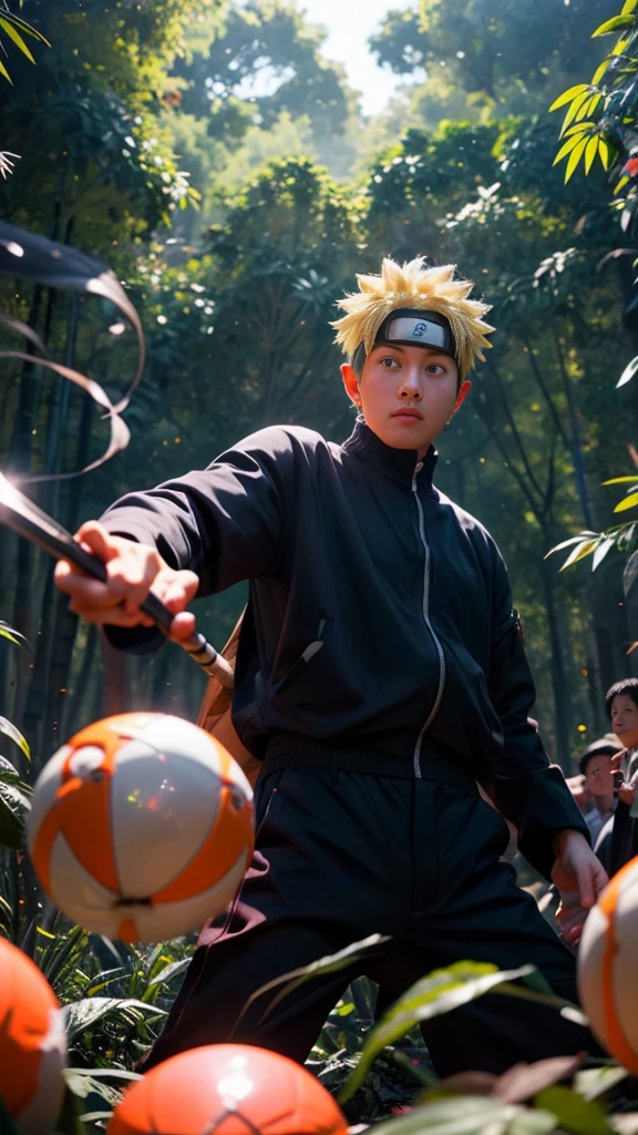 (best quality), (masterpiece), ultra-detailed, 1boy, uzumaki naruto, epic pose, action, combat, energy ball, particle effects, long sleeve, emphasis lines, movement lines, (swirling:1.2), kamehameha, electricity, aura, conbat in the forest vs samurai 1.4, combat in the forest bamboo,