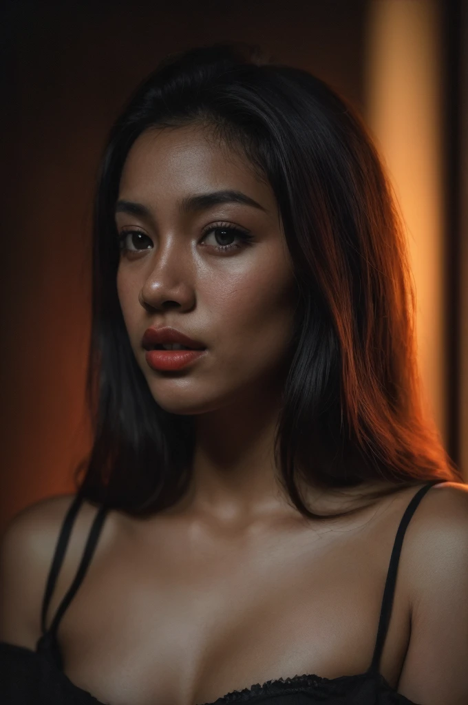 sexy, cleavage, (close-up, editorial photograph of a 21 year old javanese woman), (highly detailed face:1.4) (smile:0.7) (background inside dark, moody, private study:1.3) POV, by lee jeffries, nikon d850, film stock photograph ,4 kodak portra 400 ,camera f1.6 lens ,rich colors ,hyper realistic ,lifelike texture, dramatic lighting , cinestill 800,