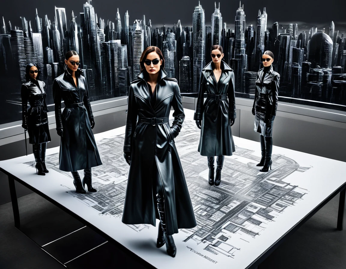 (On a sheet of paper placed on a large desk, Drawing large 3D figurines in stunning and breathtaking uhd ink style), Trinity, a group of sublime women in Black trench coat, matrix style, futuristic city center,  fully detailed, high quality, high resolution, proportions parfaites, masterpiece, hyperRéaliste, masterpiece, superior quality, high resolution, Extremely detailed, highly detailed 8K wallpaper, détails fractales