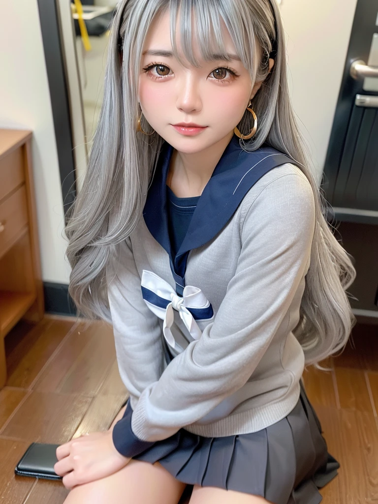 8K, RAW Photos, Fujifilm, Beautiful 20 year old woman style photo, (((Gray Hair:1.3,美しいGray Hairのストレートヘアー、シルキーなGray Hair)))、(((High School Sailor Uniform:1.5,))) Gold earrings, (Highly detailed skin: 1.2), Light medium brown hair, Film Grain, 35mm, Cute Style、(((Sitting 1.5)))、Selfie、Spread your legs、sexy、erotic