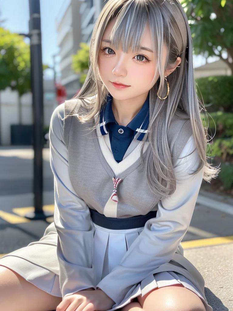 8K, RAW Photos, Fujifilm, Beautiful 20 year old woman style photo, (((Gray Hair:1.3,美しいGray Hairのストレートヘアー、シルキーなGray Hair)))、(((High School Sailor Uniform:1.5,))) Gold earrings, (Highly detailed skin: 1.2), Light medium brown hair, Film Grain, 35mm, Cute Style、(((Sitting 1.5)))、Selfie、Spread your legs、sexy、erotic