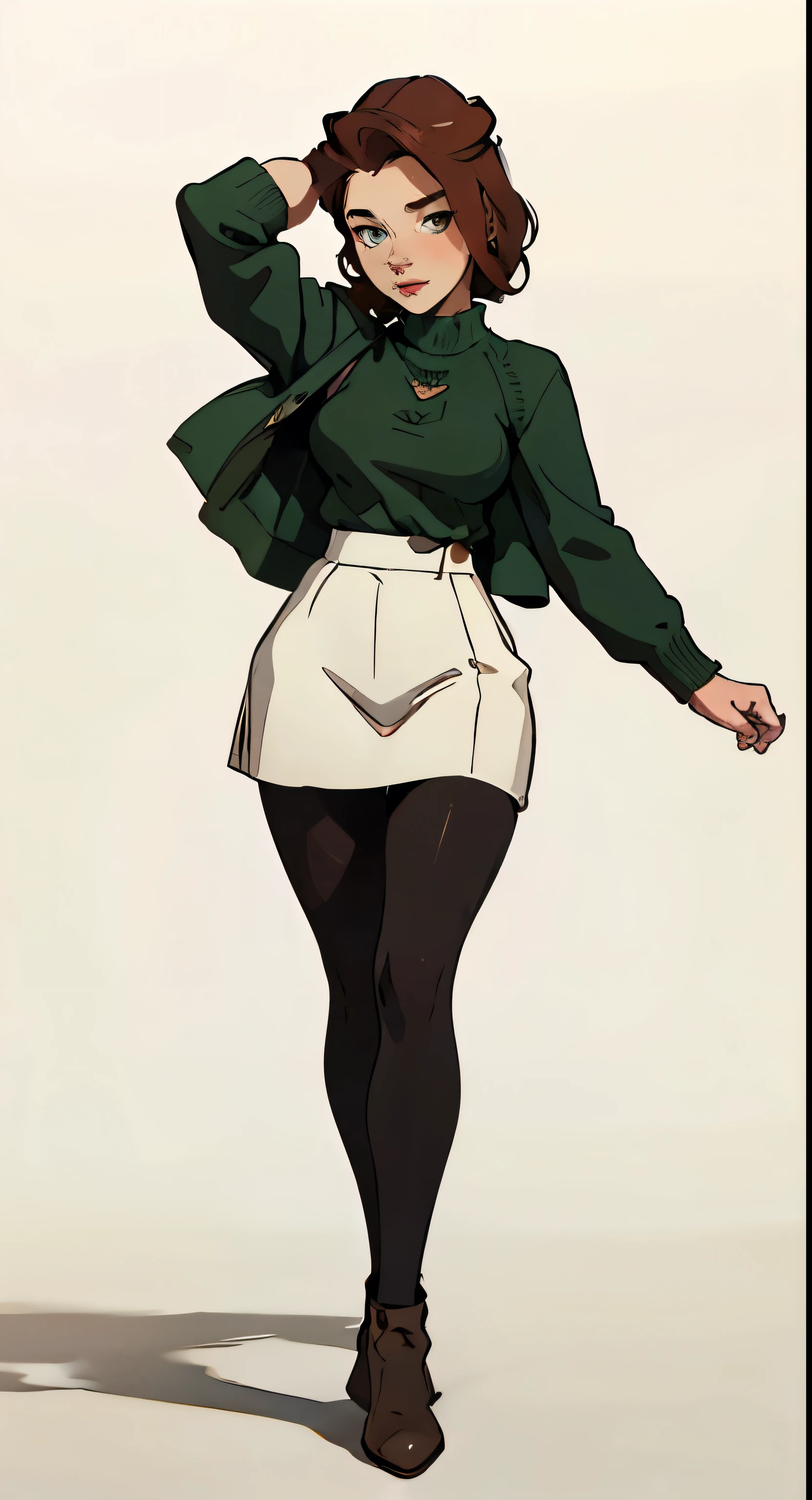 Fmasterpiece, best quality, full body,1girl,the highest image quality, 21-year-old woman, looks like Emilia Clarke with brown skin, red hair, short brown hair, light brown eyes, oversized green sweater and black gym tights, large breasts, White background, empty background whole body , neutral pose, happy expression