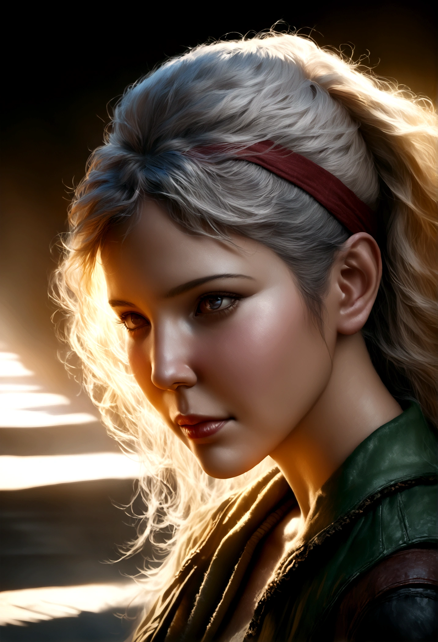 a tall, thin girl, long white hair, dark eyes, green konoha vest, konoha headband, holding anbu mask, naruto lineart, naruto style, (best quality, 4k, 8k, highres, masterpiece:1.2), ultra-detailed, (realistic, photorealistic, photo-realistic:1.37), vivid colors, studio lighting, hyper detailed, intricate details, cinematic lighting, dramatic shadows