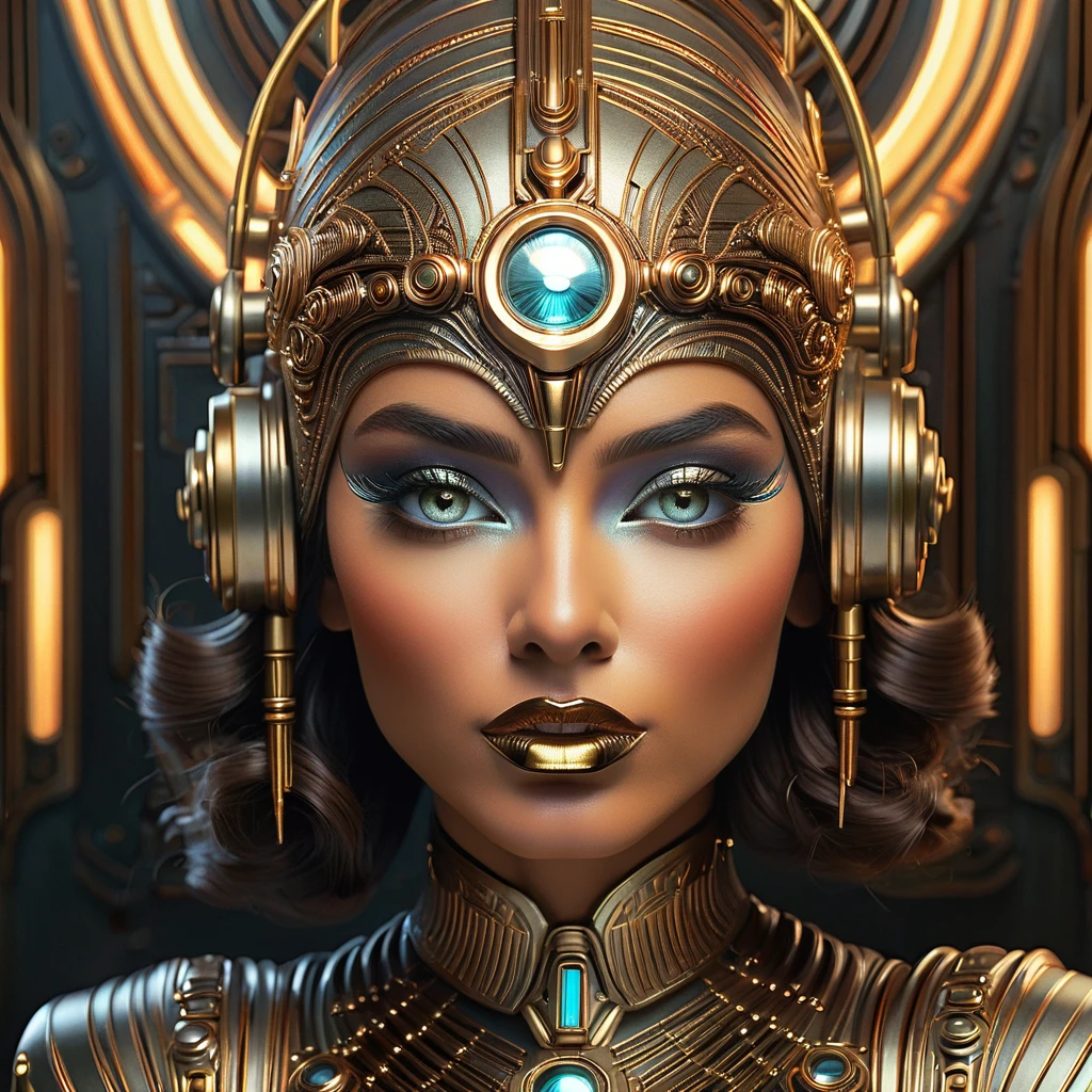 cyborgwoman,art deco face portrait,glowing eyes,bronze,brass,gold,silver,electrum,copper,chrome,beautiful detailed eyes,beautiful detailed lips,extremely detailed face,longeyelashes,intricate details,futuristic,photorealistic,8k,masterpiece,professional,vivid colors,studio lighting,physically-based rendering,concept art