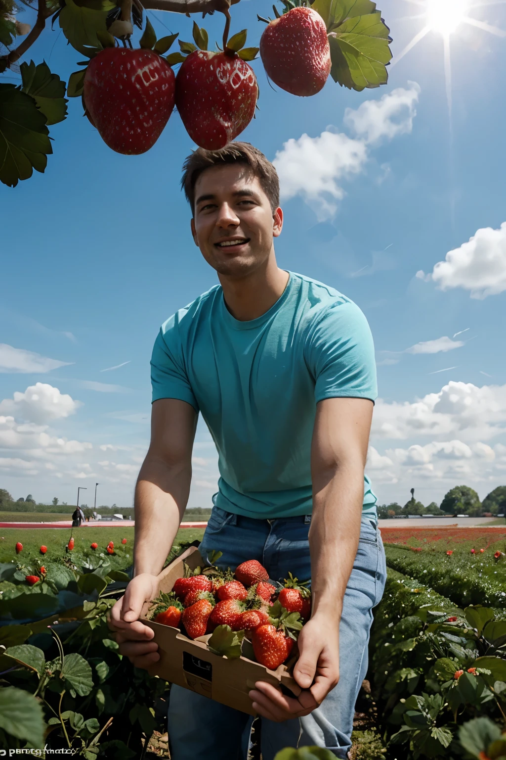 Young cute and handsome skinny face white beautiful soft skin shirtless big penis naked in a strawberry garden in a basket cute butt