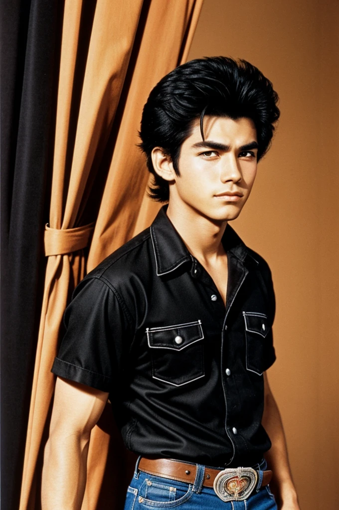 80s anime of a 19 year old cowboy boy, height of 1.79, with black hair and black clothes, half strong and with a fang that comes out, with black eyes
