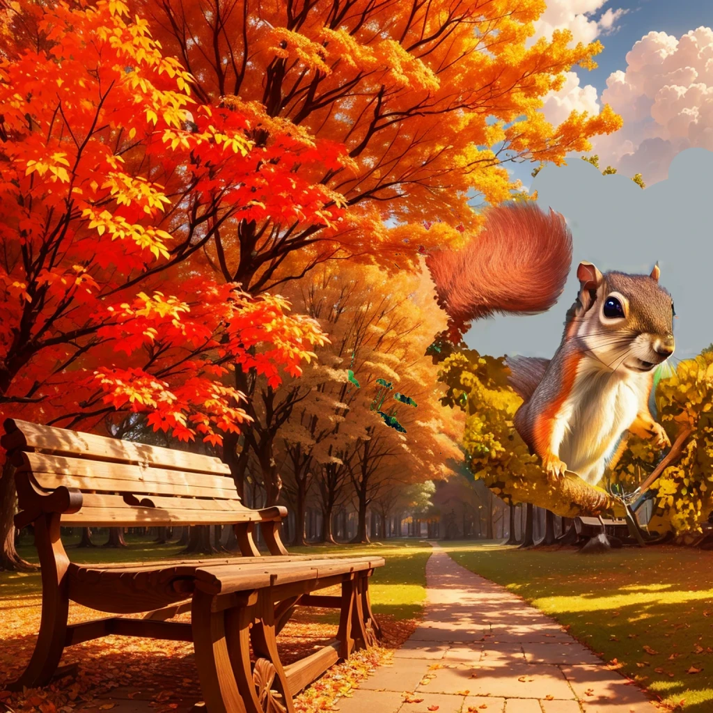 (Highest quality, High resolution), Vibrant colors,Low - Angle,

(Giant squirrel in the distance,Squirrels over 50 meters,Knock down a maple tree,)