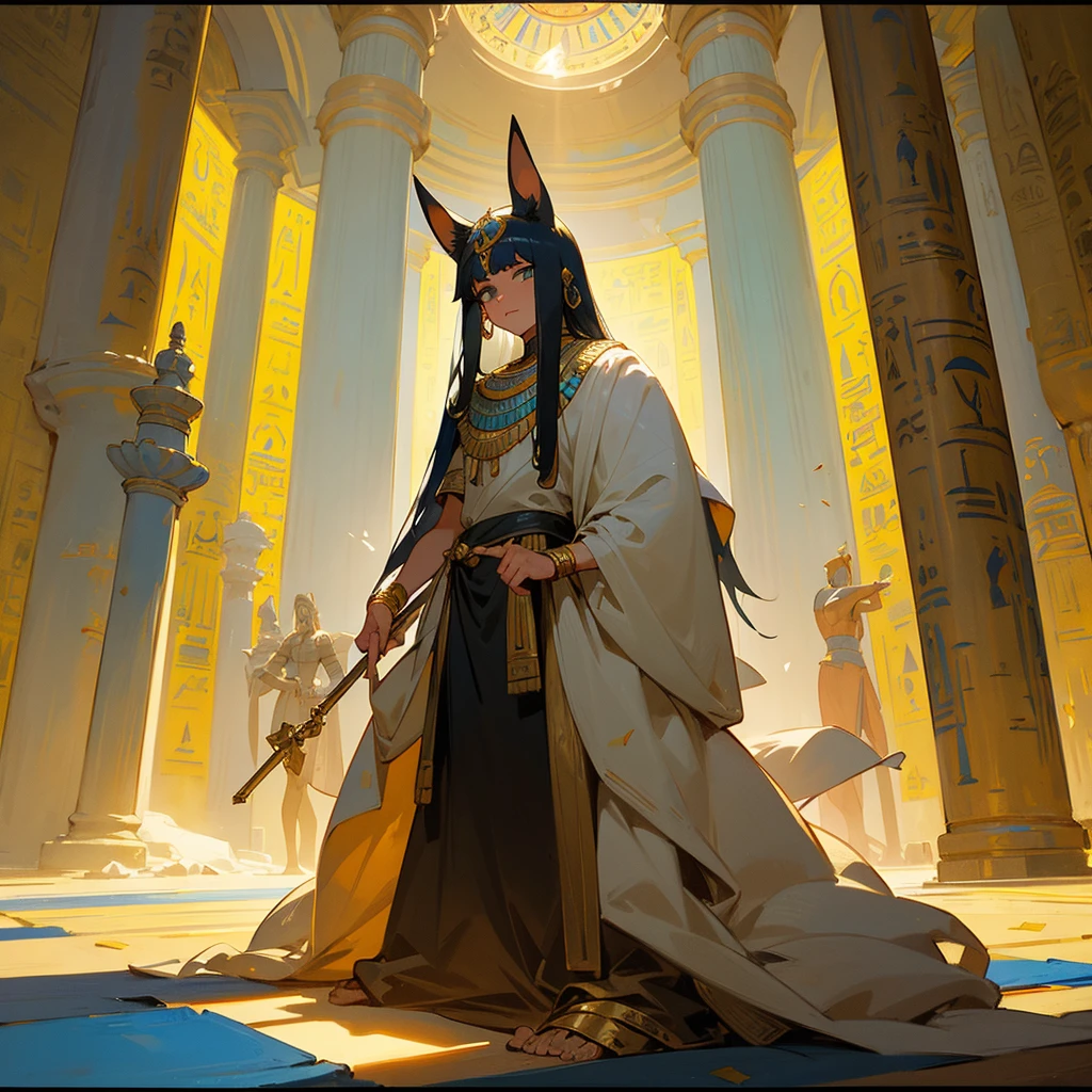 a man in costume holding a staff and a staff, the Egyptian god, photo of Anubis ghost, Egyptian god, wind Egyptian god, storm Egyptian god, God of Egypt, arte conceitual de deus, attractive male deity, Toga, Djinn Human Hybrid, slim male fantasy alchemist, beautiful male god of death, the god hermes, the god anubis, detailed arte de personagem de anime, anime character design, anime concept art, Anime goddess, egyptian clothes, there is a room with a big clock and a big lamp, production art, egyptian setting, concept art by disney :: nixri, Egyptian atmosphere, film environment design, animation filming, egypt themed art, headquarters of the art station”, Egyptian Style, Egyptian environment, relaxing concept art, stylized concept art, concept art scene, cleopatra in her palace, por Ryan Pancoast, there is a room with a big clock and a big lamp, production art, egyptian setting, concept art by disney :: nixri, Egyptian atmosphere, film environment design, animation filming, egypt themed art, headquarters of the art station”, Egyptian Style, Egyptian environment, relaxing concept art, stylized concept art, concept art scene, Cleopatra in her palace, por Ryan Pancoast