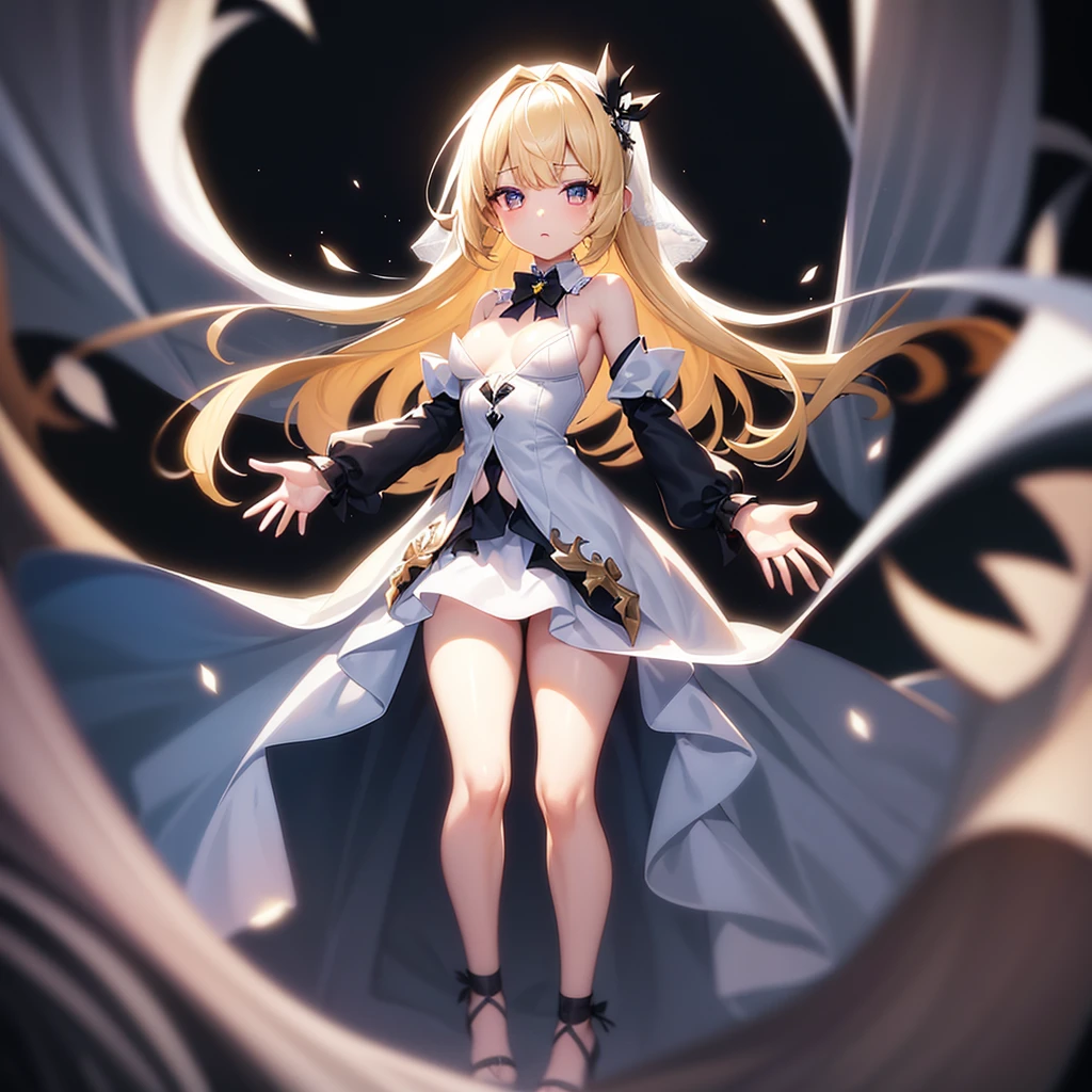 (((White Wedding Dress))), ((Revealing clothing)),((In a naughty way)),Cute little loli,Tiny Lori,Small girl,,Childish face, Very fine clean face,Top quality, Big eyes,Straight Hair,Yellow hair,Crimson Eye,(Dark Room), Subtle light, Natural light,Soft lighting,Light from directly behind, (Are standing), Cute pose, (Open your hands), Showing the whole body,Front view,Black background
