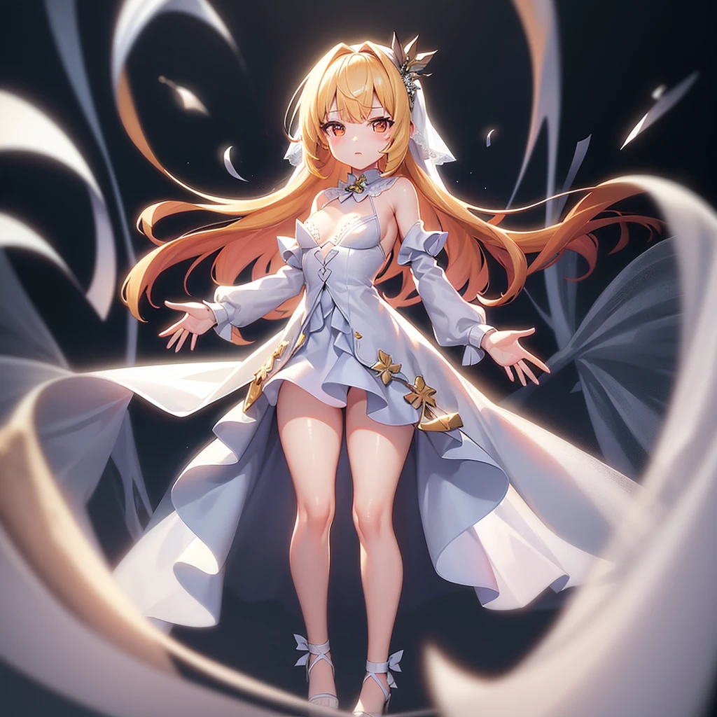 (((White Wedding Dress))), ((Revealing clothing)),((In a naughty way)),Cute little loli,Tiny Lori,Small girl,,Childish face, Very fine clean face,Top quality, Big eyes,Straight Hair,Yellow hair,Crimson Eye,(Dark Room), Subtle light, Natural light,Soft lighting,Light from directly behind, (Are standing), Cute pose, (Open your hands), Showing the whole body,Front view,Black background