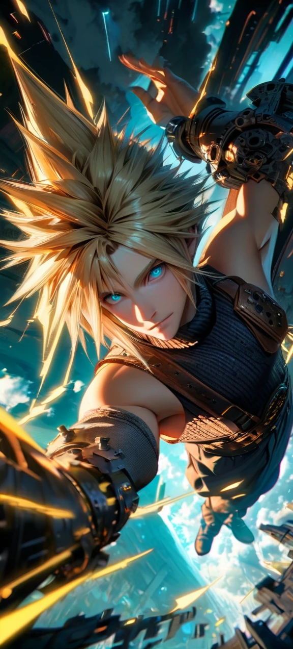 Symetrical,absurdres, highres, ultra detailed, HDR, masterpiece, extremely detailed face and eyes, Cloud Strife,final fantasy 7, yellow hair , , solo, man, handsome, ,, , cool pose, yellow lightning effect, glowing glitters, symetrical , full body view