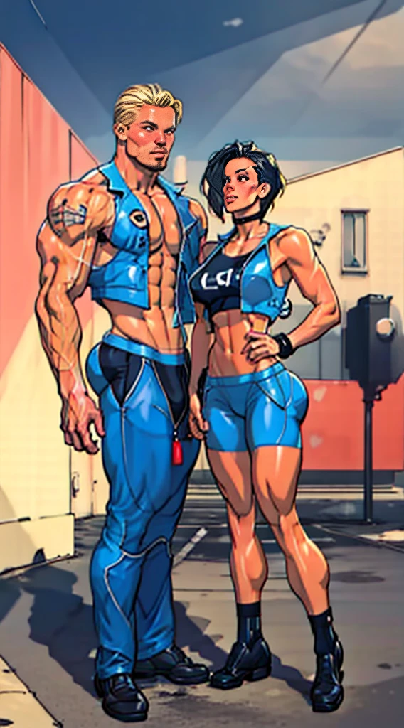 Young female, with short hair, Blue eyes, wearing a tight blue tank top with a low neckline, wearing short, tight denim shorts with the zipper open, comic style