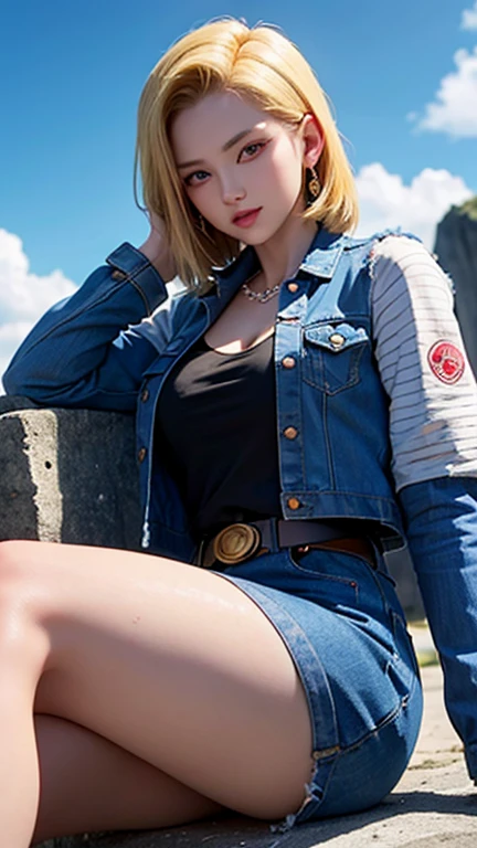 masterpiece, Highest品質, Very detailed, Absurd, Beautiful portrait of Android18DB, alone, Blonde、Earrings, jewelry, Denim Jacket, smile, belt, Highest, cloud, null, Day, skirt, Outdoor, gloves, necklace, デニムskirt, rock, Sitting with legs apart, Show your pants