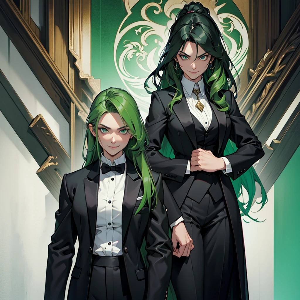 A 30 year old woman, woman, female, just one person, just one person, dark green hair, long hair, dark green eyes, serious face, malicious smile, big chest, medieval period, wearing a suit, black suit, tuxedo, wearing a black tuxedo, medieval background, Ultra HD 4k, 4k, Ultra HD