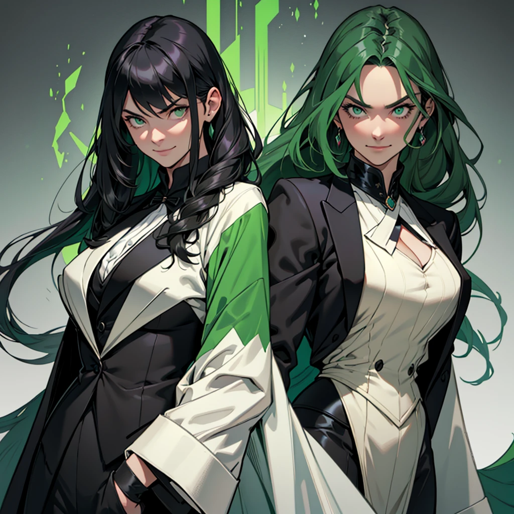 A 30 year old woman, woman, female, just one person, just one person, dark green hair, long hair, dark green eyes, serious face, malicious smile, big chest, medieval period, wearing a suit, black suit, tuxedo, wearing a black tuxedo, medieval background, Ultra HD 4k, 4k, Ultra HD
