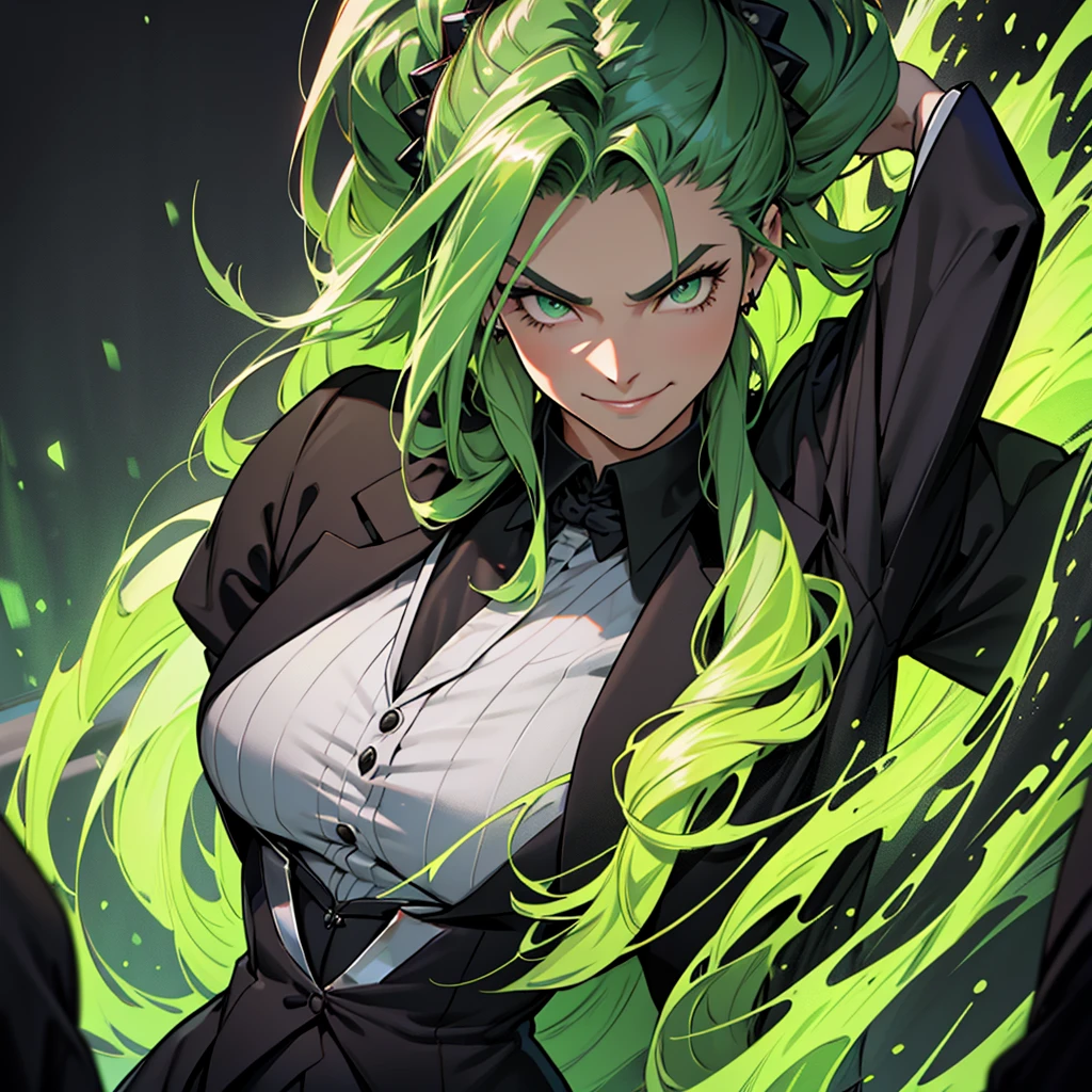 A 30 year old woman, woman, female, just one person, just one person, dark green hair, long hair, dark green eyes, serious face, malicious smile, big chest, medieval period, wearing a suit, black suit, tuxedo, wearing a black tuxedo, medieval background, Ultra HD 4k, 4k, Ultra HD