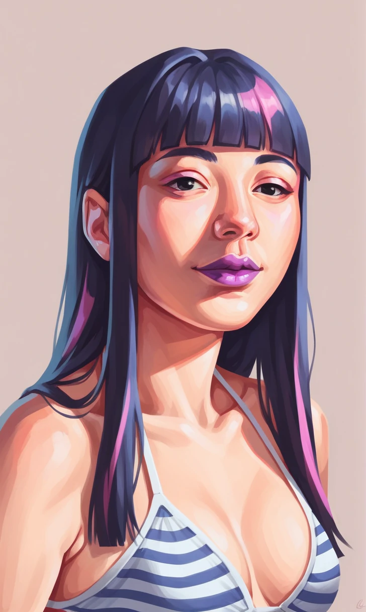 score_9, score_8_up, score_7_up, r1s0, 1girl, simple background, Asian, bikini, sunny, lovely, hime cut hair, gentle smile, purple lips, black eyes,