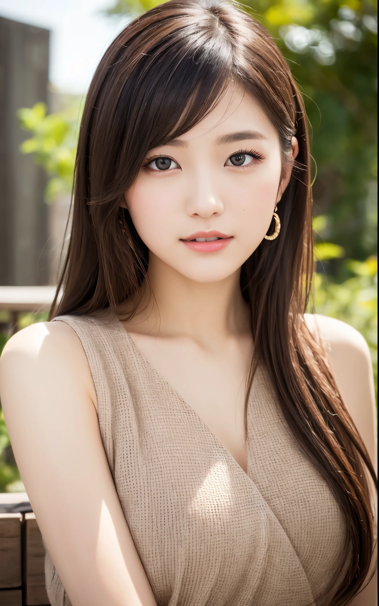 Japanese,Youthful, vibrant, elegant,upper body,Soft, natural lighting,Outdoor setting or studio with a natural backdrop,Bright and lively colors,focus on the hairstyle and facial features,Gentle and inviting expression,Contemporary fashion style,