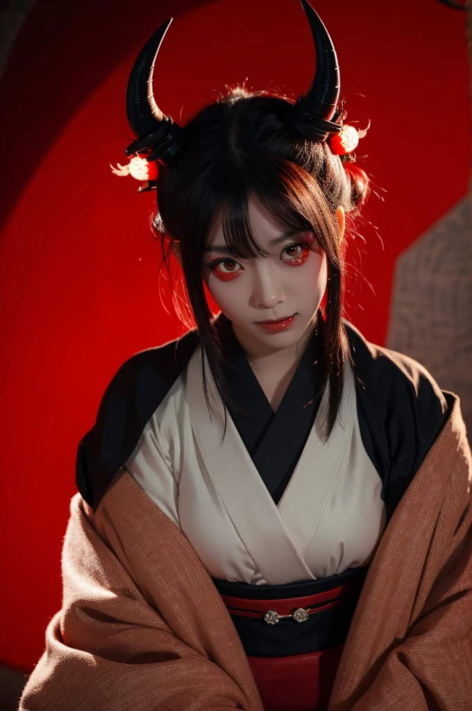 A traditional Japanese demon with horns, sharp teeth, wearing a kimono, and with glowing red eyes