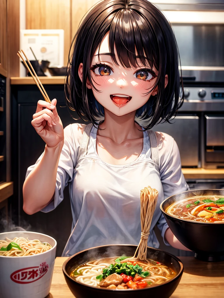 Highest Resolution,Highest quality,Smiling while looking at the ramen,Girl with open mouth and saliva dripping,Black short hair,up,
