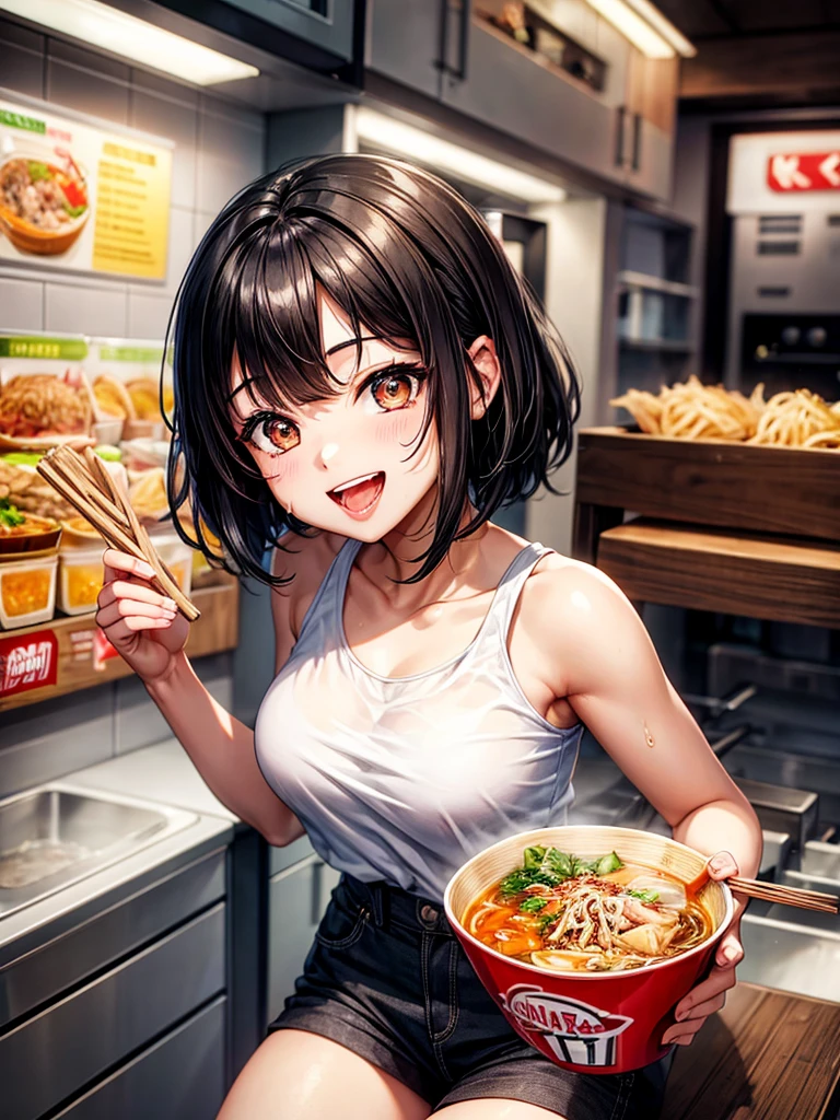 Highest Resolution,Highest quality,Smiling while looking at the ramen,Girl with open mouth and saliva dripping,Black short hair,up,