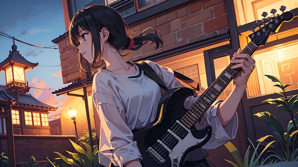 Time is night。In a remote place、A girl is playing the guitar alone, looking lonely.。