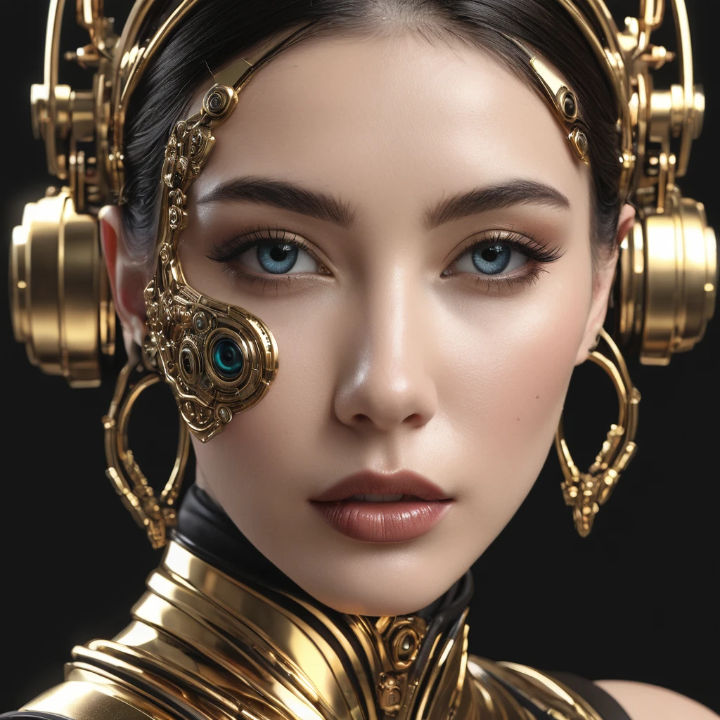 cyborgwomanartdecoface,portraitglowingeyesbrass,bronzedetailedface,detailedeyesandlips,highlydetailedportrait,hyperrealistic,digitalart,8K,photorealistic,cinematic,moody,dramatic,clair obscur,glowingeyesandface,metallic,mechanicaldetails,artdecoinspired,elegant,dramatic,cinema4d,OctaneRender