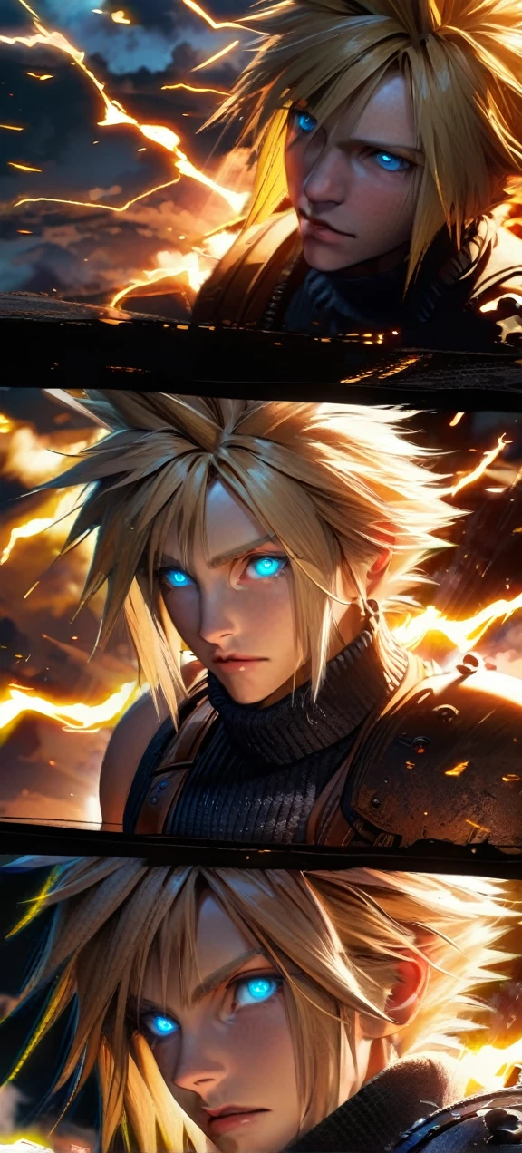 Symetrical,absurdres, highres, ultra detailed, HDR, masterpiece, extremely detailed face and eyes, Cloud Strife,final fantasy 7, yellow hair , , solo, man, handsome, ,, , Epic fight scene, yellow lightning effect, glowing glitters, symetrical , close up