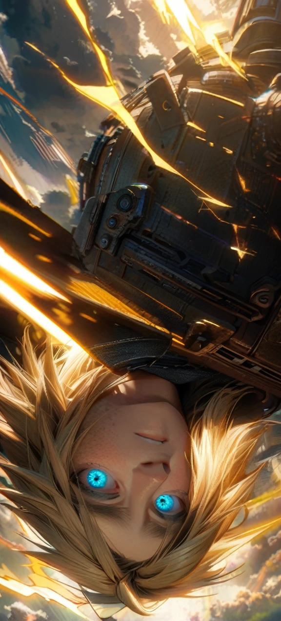 Symetrical,absurdres, highres, ultra detailed, HDR, masterpiece, extremely detailed face and eyes, Cloud Strife,final fantasy 7, yellow hair , , solo, man, handsome, ,, , Epic fight scene, yellow lightning effect, glowing glitters, symetrical , close up