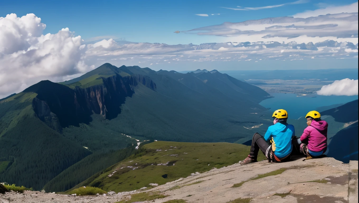 Three climbers on a steep mountain top. Ropes and escakada material. Contemplating the Panoramic View. White and gray clouds. intense colours.
